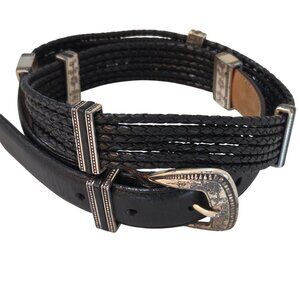 Brighton Black Leather Braided Belt Sz 32 M/L Silver-Tone Engraved Buckle Boho